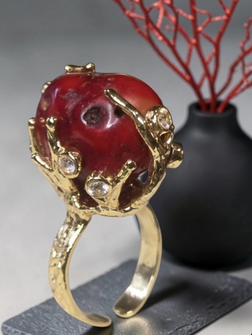 18k Gold Plated Artisan Genuine Coral Caged Crystal Oversized Statement Ring